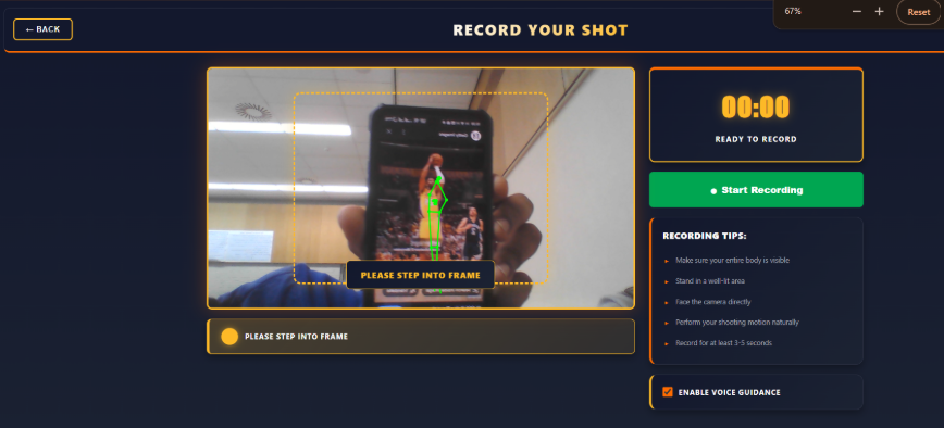 The app screen for recording a basketball shot