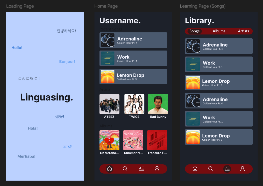 Linguasing loading, home and song-library screens