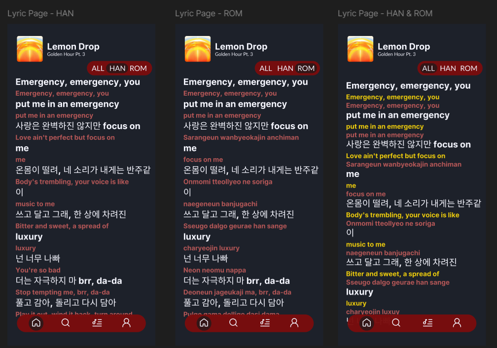 Three Linguasing lyric display options